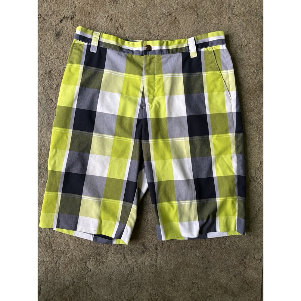 Adidas Golf Shorts Mens 34 Plaid Neon Yellow Gray Navy Check Performance